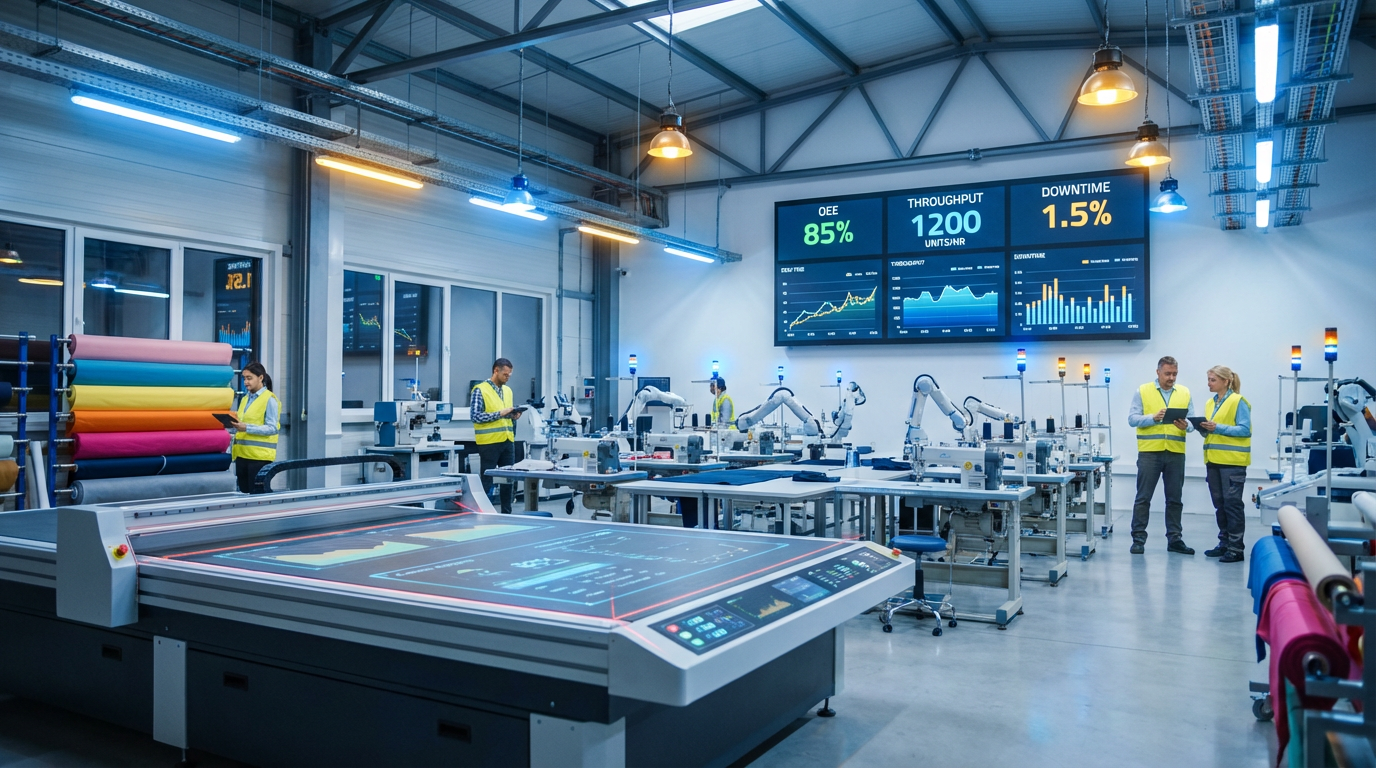 Smart apparel manufacturing floor with IoT sensors, automated cutting tables, and real-time production dashboards