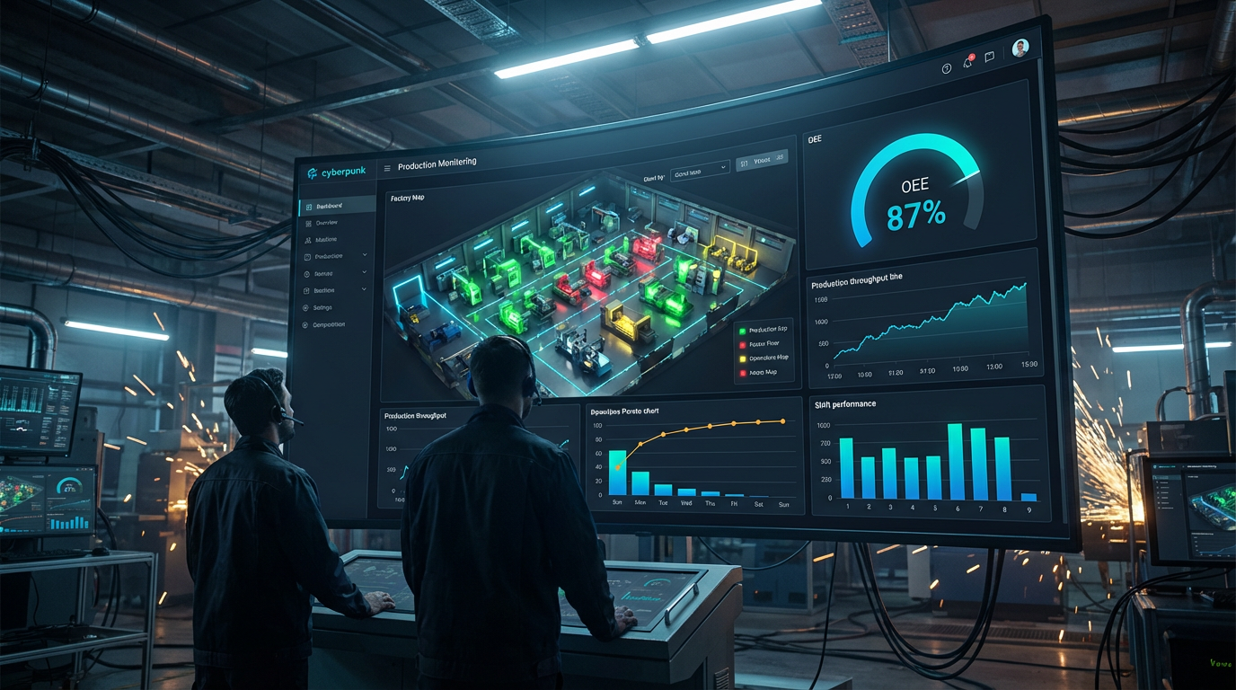 Real-time factory production monitoring dashboard showing OEE gauge, factory map, and performance charts